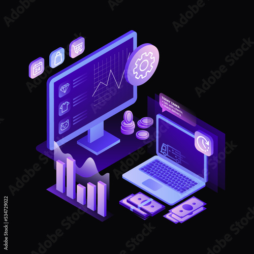 E-Commerce Work Space Illustration. Sales. Black Template. Vector illustration