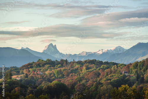 Pic du Midi d'Ossau from the Boulevard des Pyrénées in Pau, with first snow and fall's colors of October