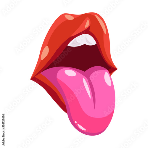 Red lips. Female mouth, sexy smile with white teeth, woman biting lip, showing kiss expression or tongue. Vector illustration for glamour, lipstick, emotions, comics concept