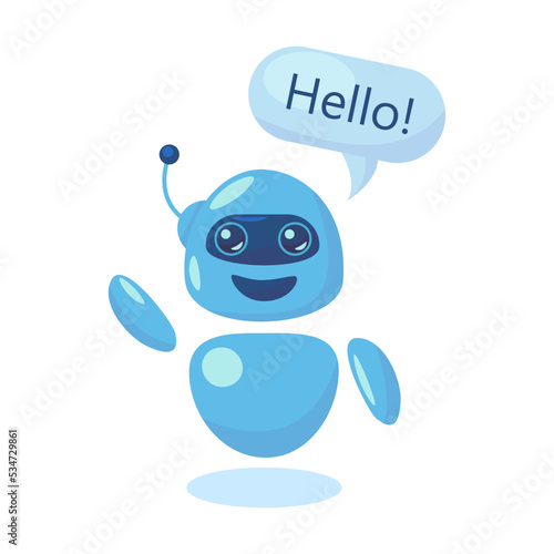 Modern cute chat bot in different poses flat illustration. Robot for mobile app isolated vector illustration. Conversation and AI intelligence