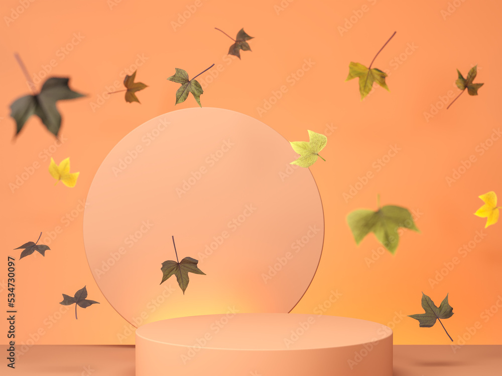 Autumn decorations on a pastel background. Podium or stand with falling leaf for product display or fall holiday advertising. 3d illustration for fall.