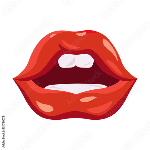 Red lips. Female mouth, sexy smile with white teeth, woman biting lip, showing kiss expression or tongue. Vector illustration for glamour
