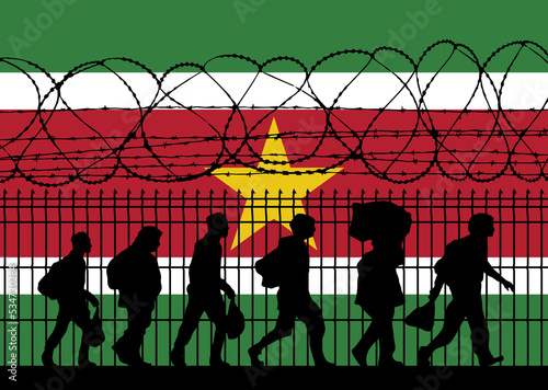 Flag of Suriname - Refugees near barbed wire fence. Migrants migrates to other countries.