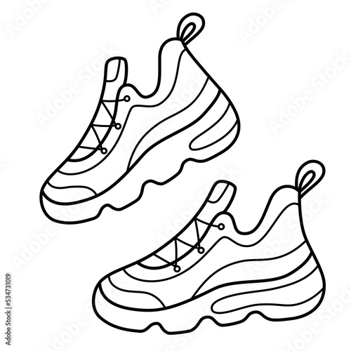 Sneakers icon, a pair of women running shoes, doodle of modern trainers for fitness and sport, vector illustration of sportswear, outfit for exercises in gym and at home, isolated outline clipart on w