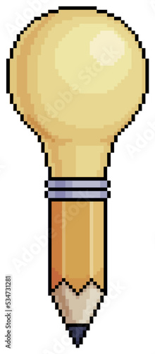 Pixel art pencil light bulb, pencil lamp idea and creativity concept vector icon for 8bit game on white background