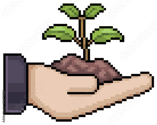 Pixel art hand holding plant vector icon for 8bit game on white background © Kaleb