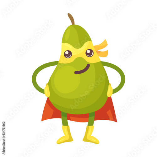 Fruit, berry and vegetable character as superheroes vector. Cartoon pear with masks and capes isolated illustration. Diet, healthy food