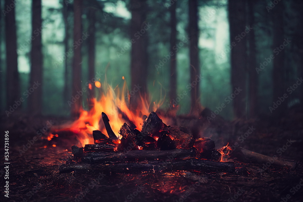 Burning fire in the forest. Beautiful landscape of nature. and trees. Sparks and flames. Rest by the fire. Camping in the woods Burning fire in the forest. Beautiful landscape of nature. and trees. Sparks and flames. Rest by the fire. Camping in the woods