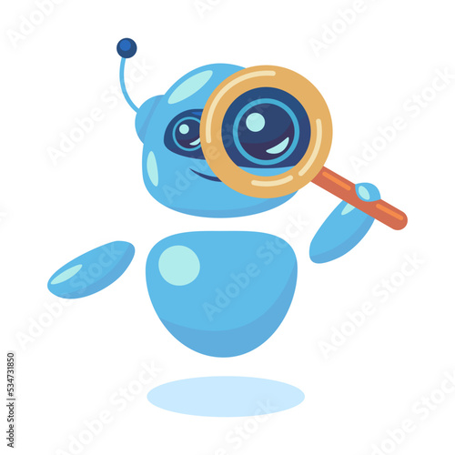 Modern cute chat bot in different poses flat illustration. Cartoon robot for mobile app isolated vector illustration. Conversation and AI intelligence