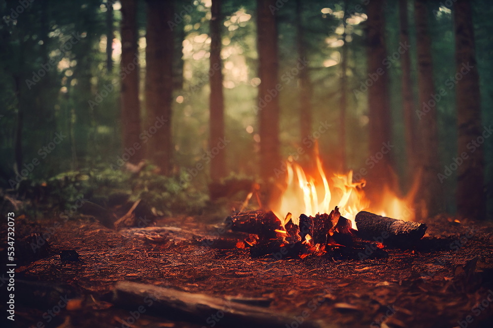 Burning fire in the forest. Beautiful landscape of nature. and trees. Sparks and flames. Rest by the fire. Camping in the woods Burning fire in the forest. Beautiful landscape of nature. and trees. Sparks and flames. Rest by the fire. Camping in the woods