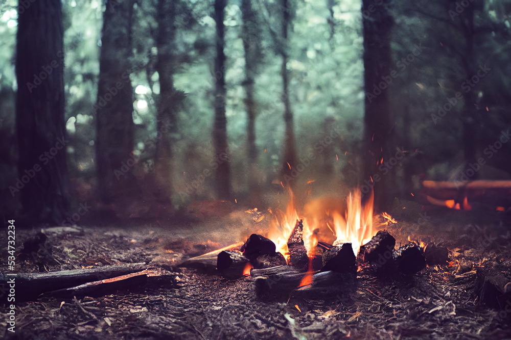Burning fire in the forest. Beautiful landscape of nature. and trees. Sparks and flames. Rest by the fire. Camping in the woods Burning fire in the forest. Beautiful landscape of nature. and trees. Sparks and flames. Rest by the fire. Camping in the woods
