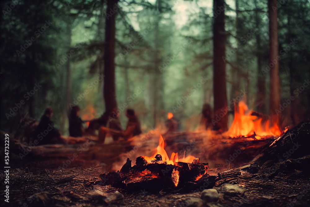 Burning fire in the forest. Beautiful landscape of nature. and trees. Sparks and flames. Rest by the fire. Camping in the woods Burning fire in the forest. Beautiful landscape of nature. and trees. Sparks and flames. Rest by the fire. Camping in the woods
