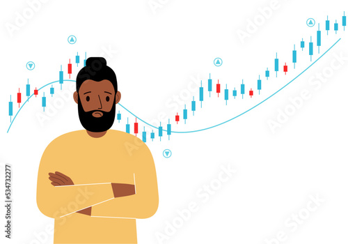 A man on the background of a Forex chart. Conceptual illustration on the topic of strategic planning in trading on the stock exchange.