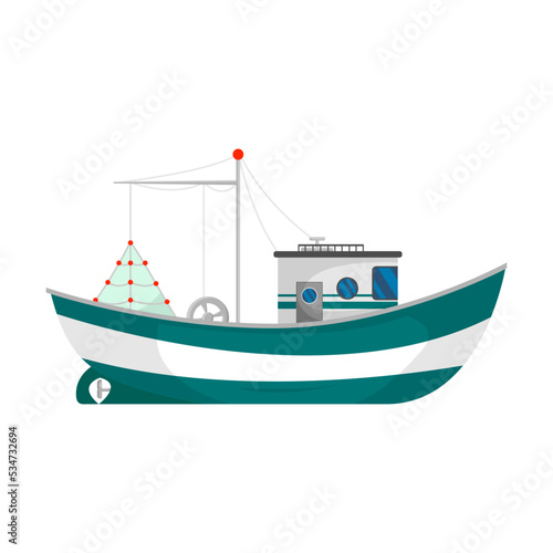 Fishing boat vector illustration. Fisherman trawlers, ships with cranes lifting nets isolated on white. For food and seafood industry