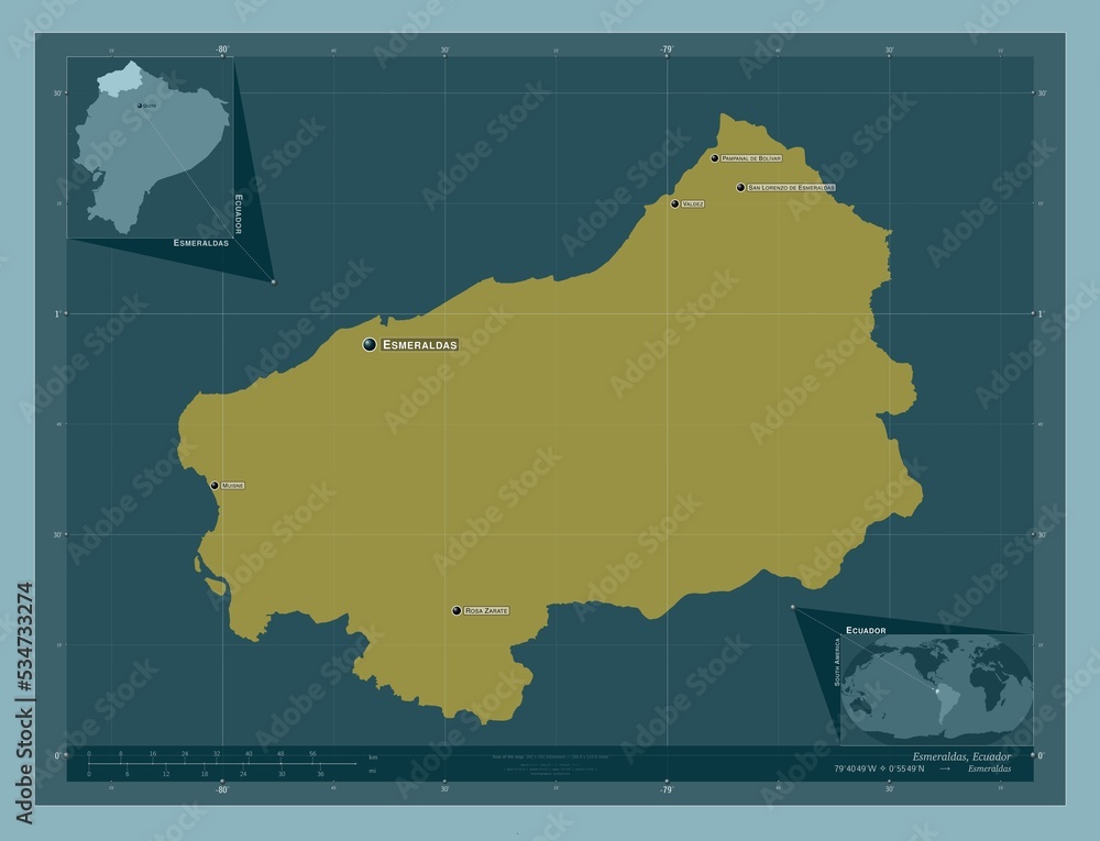 Esmeraldas, Ecuador. Solid. Labelled points of cities Esmeraldas, Ecuador. Solid. Labelled points of cities