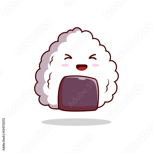 Kawaii happy funny onigiri smile with mouth, eye isolated on white background. cartoon character illustration icon design