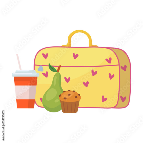 School lunch box for children vector illustration. Lunchbox with healthy food in backpacks for kids on white background. Lunch time