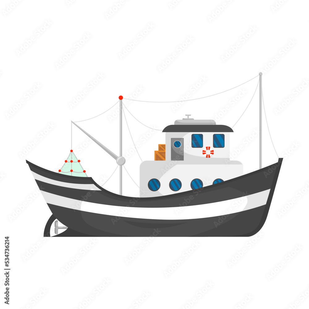 Fishing boat vector illustration. Fisherman trawlers, ships with cranes lifting nets isolated on white. For food and seafood industry, marine job Fishing boat vector illustration. Fisherman trawlers, ships with cranes lifting nets isolated on white. For food and seafood industry, marine job