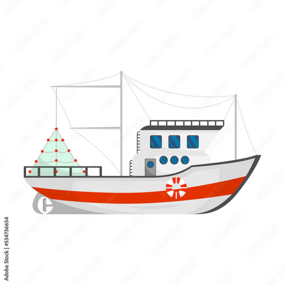 Fishing boat vector illustration. Ships with cranes lifting nets isolated on white. For food and seafood industry, marine job, transportation concept Fishing boat vector illustration. Ships with cranes lifting nets isolated on white. For food and seafood industry, marine job, transportation concept