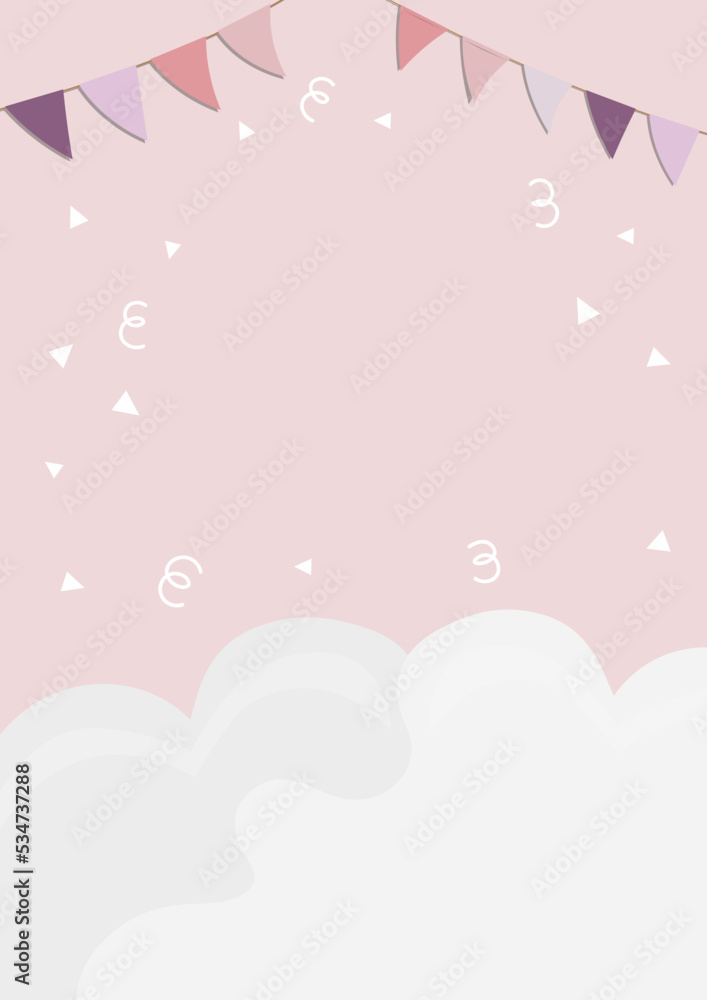 Birthday template with flag garland, confetti and cloud in pink colors. Vector with copyspace for baby shower, invitations, posters, cards, album Birthday template with flag garland, confetti and cloud in pink colors. Vector with copyspace for baby shower, invitations, posters, cards, album