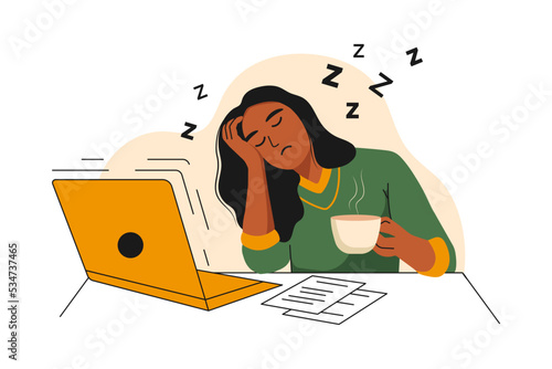 African american woman is Tired of working on a Laptop. The girl wants to Sleep. She holds a cup of Coffee in her hands and falls Asleep. Vector illustration on the theme of eye health and Fatigue.