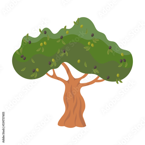 Plants and nutrition concept. Colorful olive tree flat for web design. Cartoon olive tree, oil and branches with olives isolated vector illustration