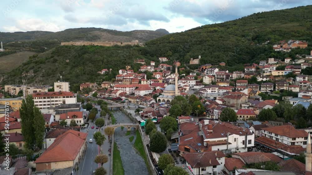 Prizren Old Town Aerial View. Popular Tourist Destination in Kosovo. Historic and touristic city located in Prizren. Balkans. Europe. Prizren Old Town Aerial View. Popular Tourist Destination in Kosovo. Historic and touristic city located in Prizren. Balkans. Europe.