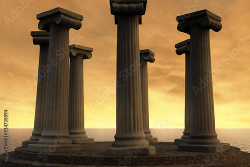 3D rendering of a round stage surrounded by ionic columns and view to beautiful sea photo