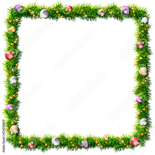 Thin christmas square wreath with decorative beads and baubles. Rectangle frame of pine branches isolated on white. Vector image for christmas, new years day, decoration, winter holiday, design, etc
