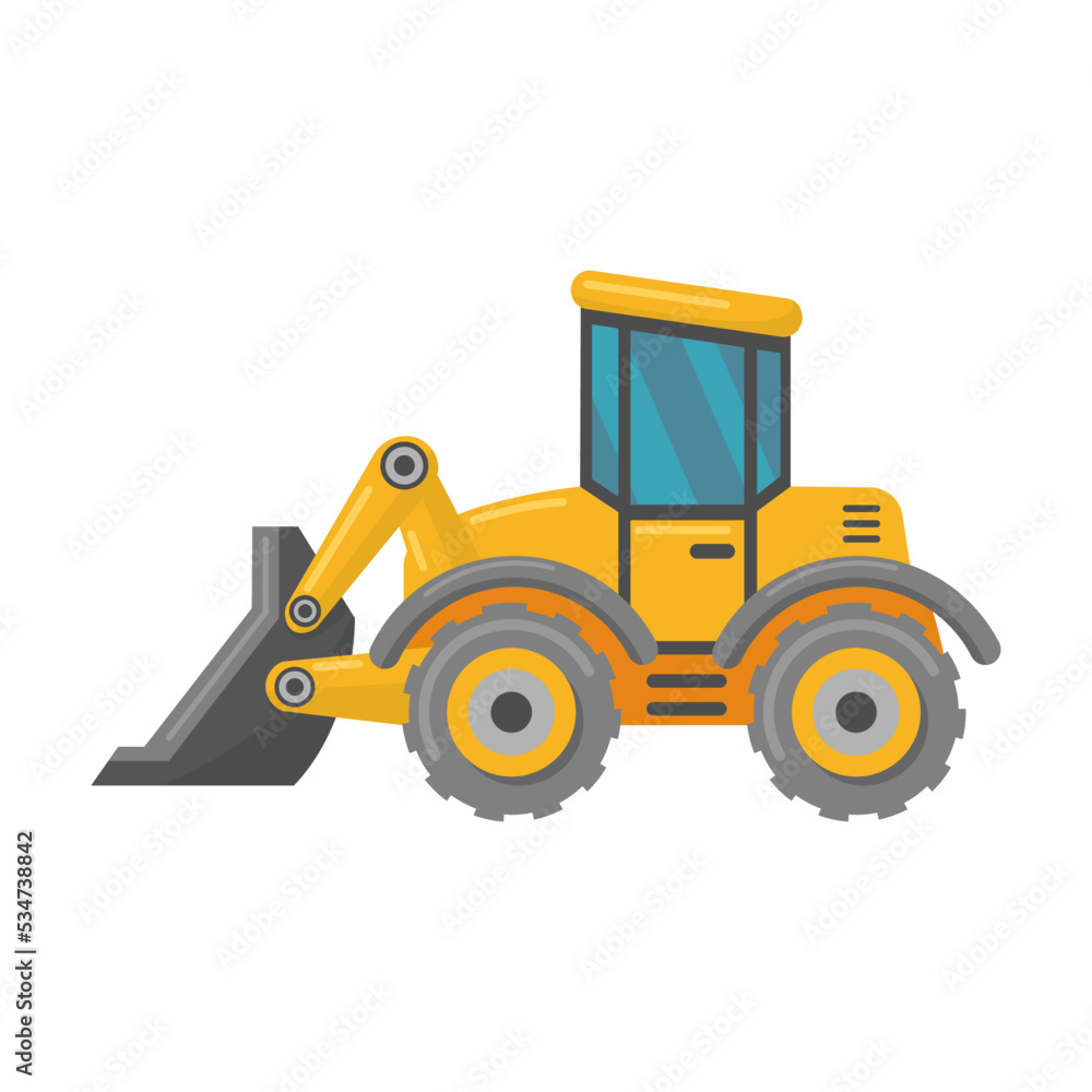 Yellow construction trucks flat vehicle. Cartoon excavators, tractor and bulldozers isolated vector illustration. Building machines and industry concept