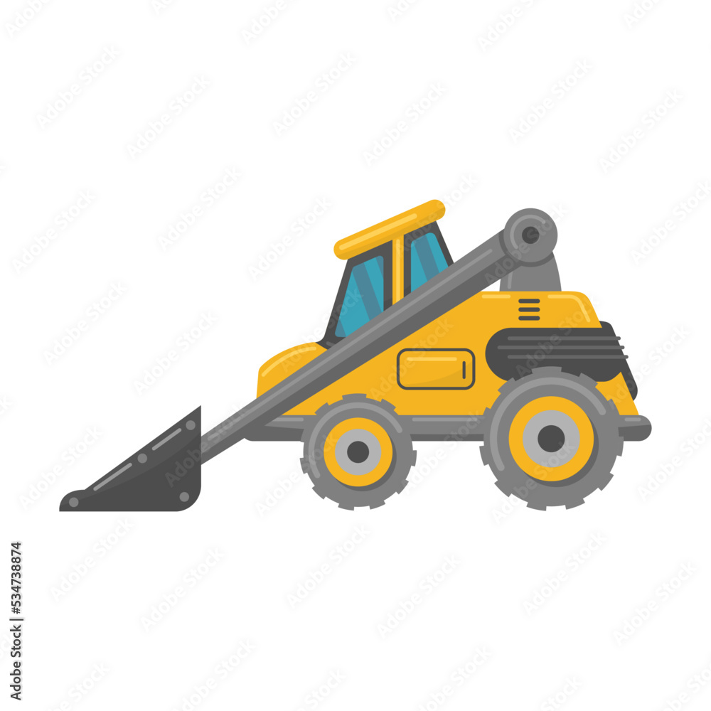 Yellow truck flat vehicle. Cartoon excavators, crane trucks, tractors and bulldozers isolated vector illustration. Building machines and industry concept Yellow truck flat vehicle. Cartoon excavators, crane trucks, tractors and bulldozers isolated vector illustration. Building machines and industry concept