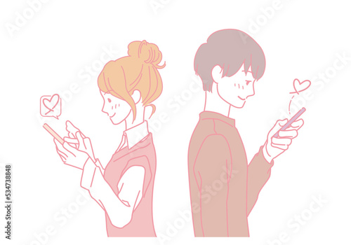 スマホで気持ちを伝える若い男女　告白　いいね　マッチング　恋人