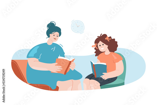 Mother and daughter reading book flat vector illustration. Mom studying with kid. Education, family, knowledge, motherhood, happiness concept for banner, website design or landing web page