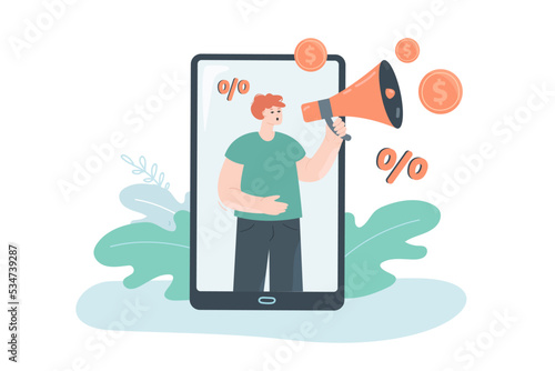 Shop assistant with megaphone announcing sale on phone screen. Man on smartphone screen, percent signs, gold coins flat vector illustration. Discount, shopping concept for banner, website design