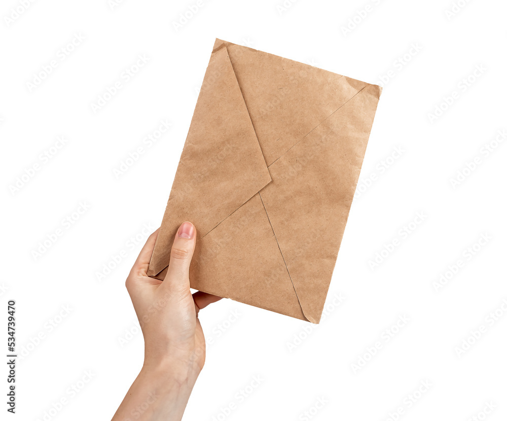 Craft paper envelope in hand isolated on white