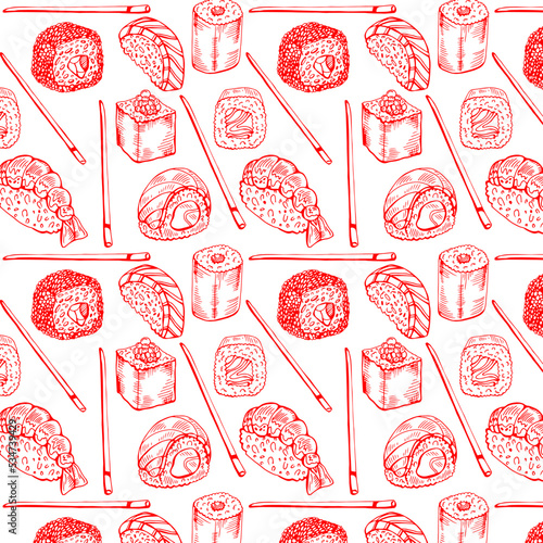 Vector seamless red sushi pattern isolated on white backgound