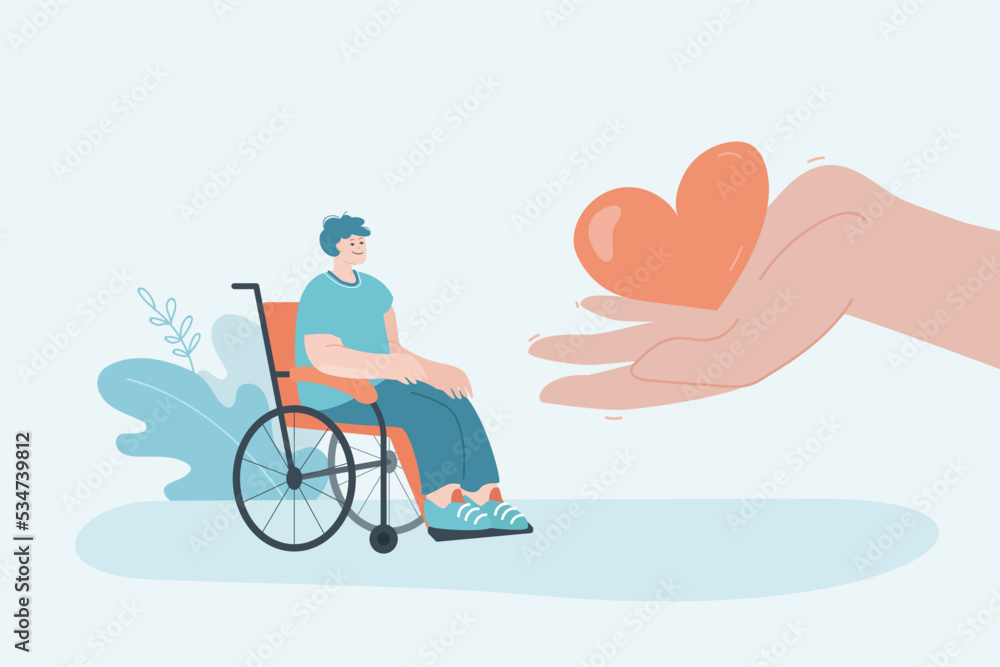 Huge hand giving comic red heart to man in wheelchair. Person offering care to character with physical disability flat vector illustration. Disability, healthcare, charity concept for banner Huge hand giving comic red heart to man in wheelchair. Person offering care to character with physical disability flat vector illustration. Disability, healthcare, charity concept for banner