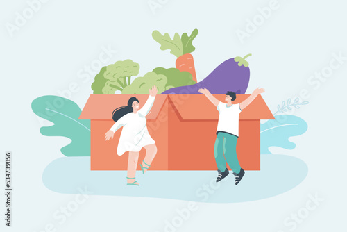 Tiny people near huge box of vegetables flat vector illustration. Fresh organic broccoli, eggplant and carrot. Nutrition, grocery, health concept for banner, website design or landing web page