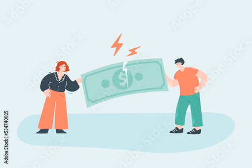 Angry wife and husband tearing big banknote. Annoyed cartoon man and woman planning family budget flat vector illustration. Finances, conflict, divorce concept for banner or landing web page