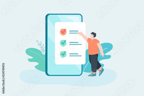 Tiny worker showing checklist on huge phone screen. Man with list of tasks or requirements flat vector illustration. Time management, organization, employment concept for banner or landing web page