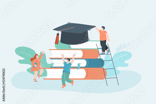 Happy tiny students with huge books and graduation hat. Cheerful university people, man on ladder flat vector illustration. Education, knowledge, graduation concept for banner or landing web page