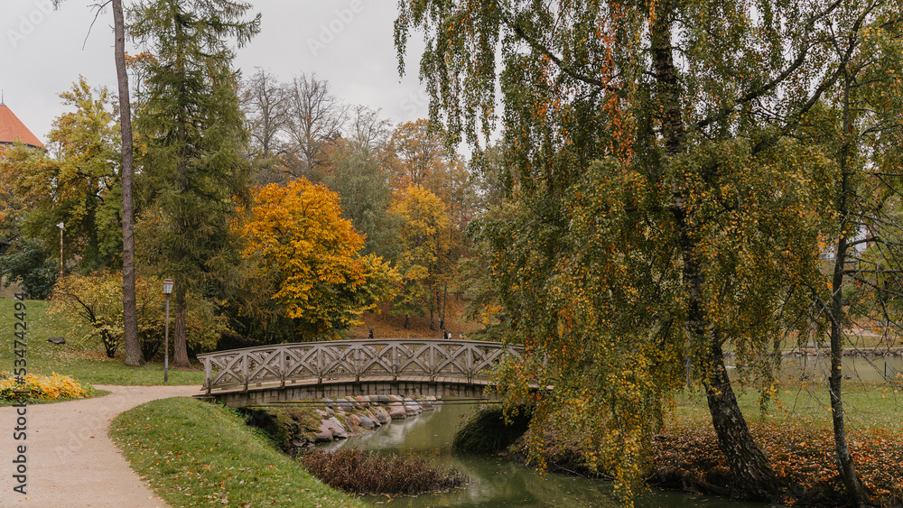 Autumn landscape in a park with a wooden bridge