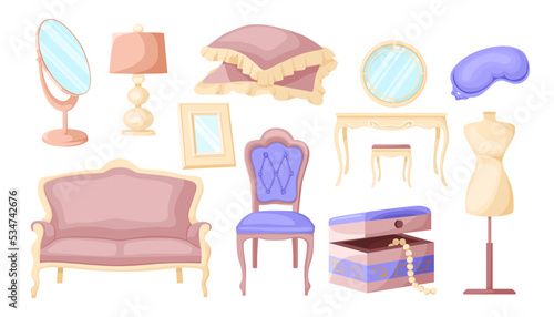 Vintage luxurious furniture vector illustrations set. Collection of furniture for princess or royal room interior, couch, dressing table isolated on white background. Furniture, luxury concept
