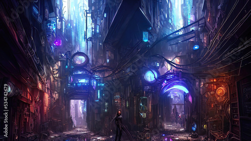 Cyber       city  neon light  narrow street  night quarter. Abstract city  neon night. 3D illustration.