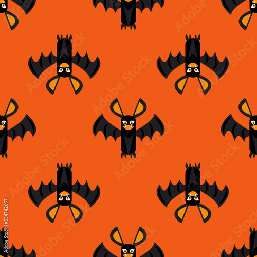 Texture with cartoon style bats on an orange background. Seamless vector pattern for Halloween, kids print, wallpaper, textile