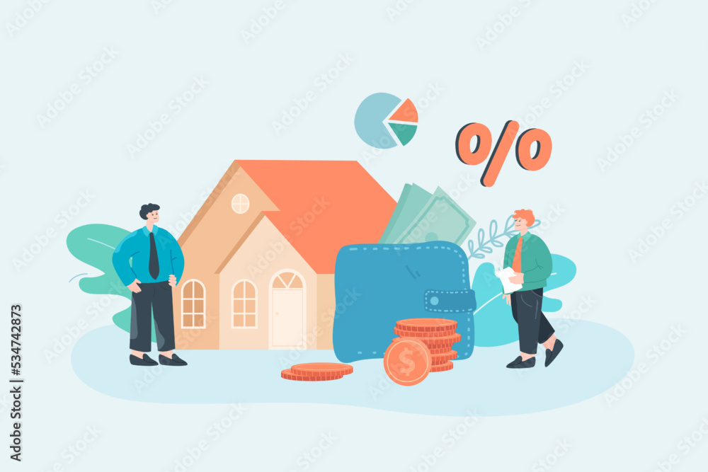 Tiny man buying house on mortgage flat vector illustration. Real estate agent and client making deal. Property, sale, loan, finance concept for banner, website design or landing web page