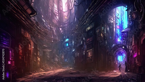 Cyber ​​city, neon light, narrow street, night quarter. Abstract city, neon night. 3D illustration.