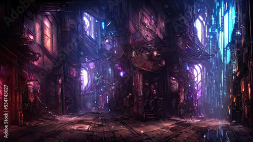Cyber       city  neon light  narrow street  night quarter. Abstract city  neon night. 3D illustration.