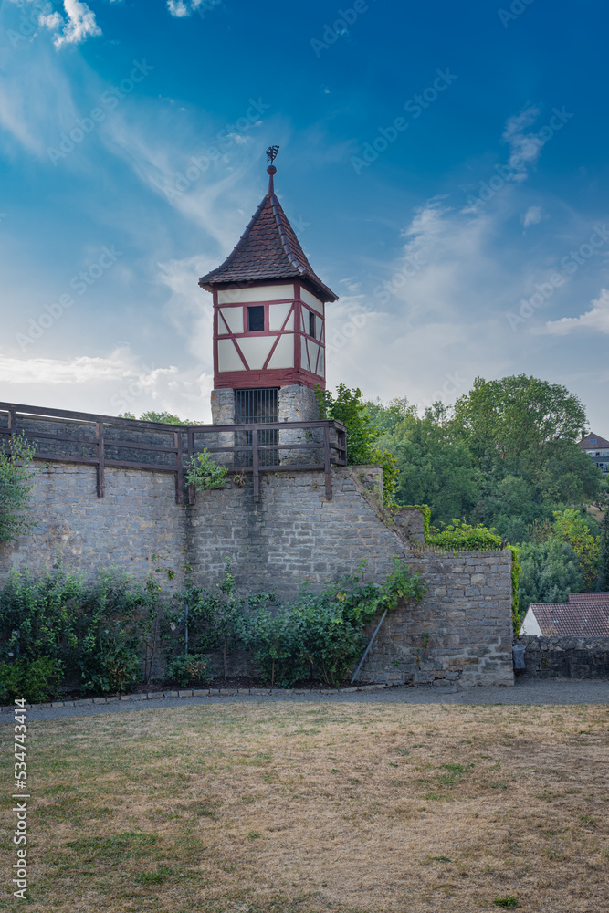 Fototapeta premium Nuremberg turrets (Nürnberger Türmchen) as part of the historic town fortifications in Bad Wimpfen. Neckar Valley, Kraichgau, Baden-Württemberg, Germany, Europe