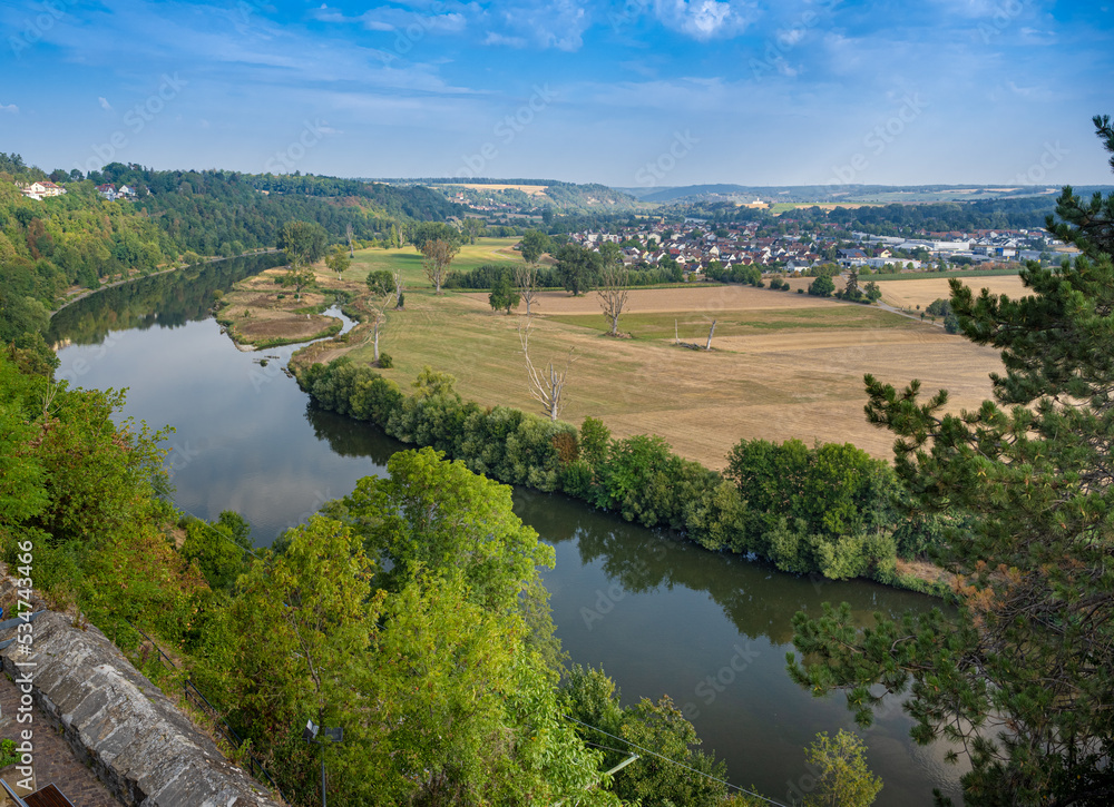 View of the river Neckar from the red tower (imperial palace) in Bad Wimpfen. Neckartal, Baden-Wuerttemberg, Germany, Europe